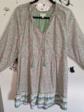 Wonderly Mint Green Floral Peasant Dress with Pink Blooms